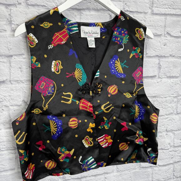 Vintage Diane Von Furstenberg Silky Vest Size M Black Crown Fan Victorian - Picture 2 of 6